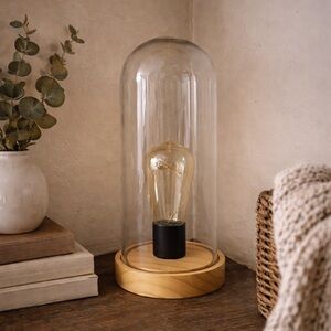Modern Glass Dome Cloche Table Lamp Wood Base Edison LED Battery